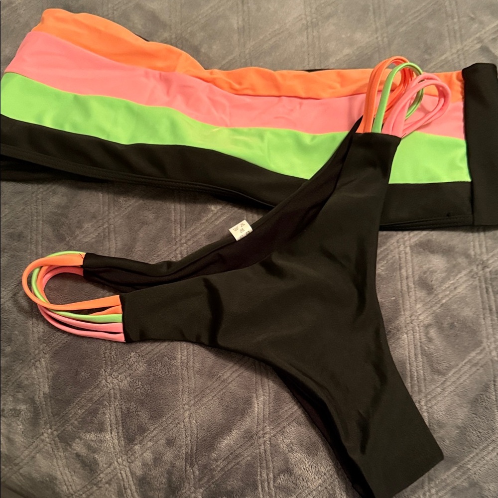 SHEIN Black Bikini with Neon Orange, Pink & Green Strap Details